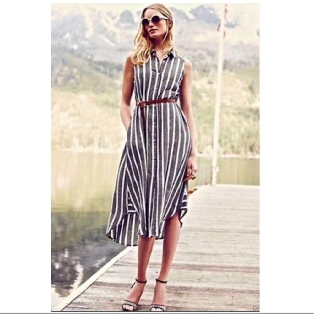 HOLDING HORSES Sleeveless Striped Grey and White Midi Dress